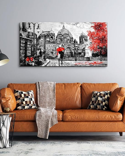 Black and White Buildings and Lovers Holding Umbrellas Under Street Lamps Canvas Art Print Artwork Wall Art for Living Room bedroom Wall Decor，Modern Home Decor Watercolor wall painting decoration