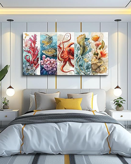 XIGUANGART Bathroom Canvas Wall Art Large Wall Decor for Living Room Bedroom Undersea Pictures Watercolor Octopus Coral Reef Colorful Marine Animals Painting Farmhouse Modern Framed Home Decorations
