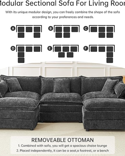 Modular Sectional Sofa, 112.2 Inch U Shaped Couch Set with Armrests, 3-Seater Comfy Cloud Couches with Movable Ottoman for Living Room Apartment, Grey