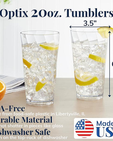 US Acrylic Optix Plastic Reusable Drinking Glasses (Set of 8) 20oz Water Cups in Clear | BPA-Free Tumblers, Made in USA | Top-Rack Dishwasher Safe