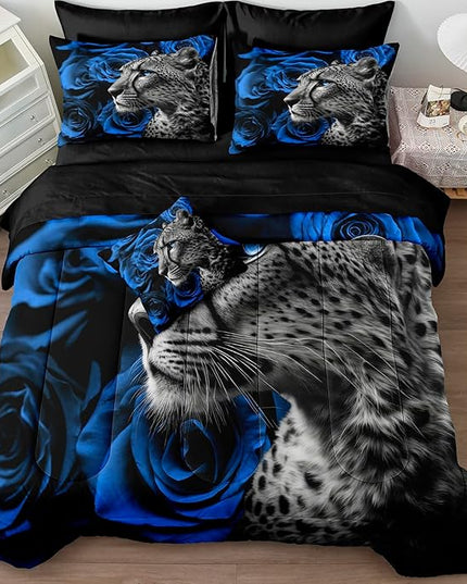 Merryword 8 Pieces Cheetah Leopard Bed in a Bag Blue Rose Comforter Set King Size Blue Flower Bedding Tiger Lion Wild Animal Comforter Set