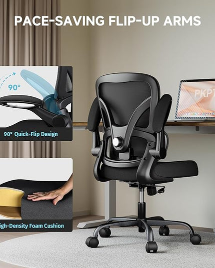 Office Chair with Adjustable Lumbar Support, Home Office Desk Chair with Flip-up Armrests, 330 lbs Mesh Computer Chair for Long Day Use, Black