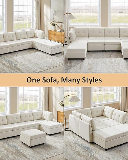 VANOMi 4 Seater Modular Sectional Sofa with 2 Ottomans, 118" Cloud Sofas & Couches, Comfy Chenille Sectional Couches for Living Room, Apartment, Office, White, U Shaped