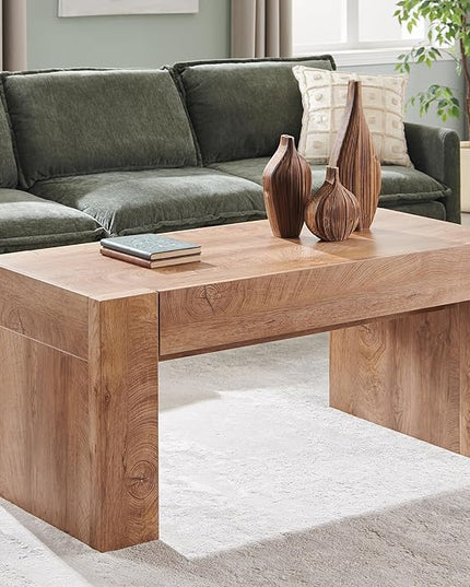 OKD 48" Modern Farmhouse Coffee Table, Wooden Living Room Table with Hidden Storage Drawer, Rustic Rectangular Center Tables w/Wood Thick Design for Living Room, Office, Light Knotty Wood