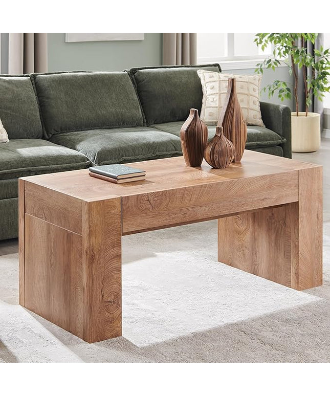 OKD 48" Modern Farmhouse Coffee Table, Wooden Living Room Table with Hidden Storage Drawer, Rustic Rectangular Center Tables w/Wood Thick Design for Living Room, Office, Light Knotty Wood