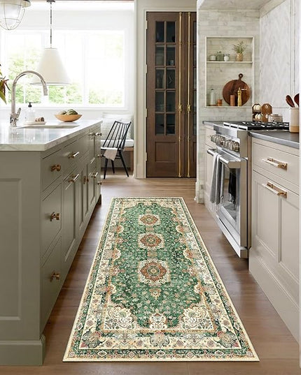 Washable Runner Rug 2'x6',Green Rug Runners Non Slip,Long Boho Rugs for Hallways Kitchen Bathroom Bedroom Entryway,Vintage Bohemian Distressed Floor Carpet,Retro Sage Floral