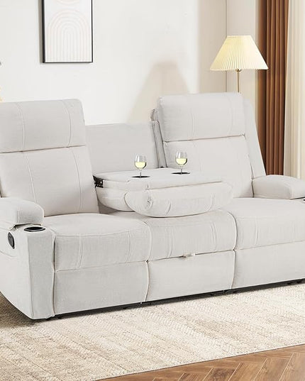 Reclining Sofa Couch,Loveseat Recliner Sofa with Drop Down Table/ 4 Cup Holder/Hidden Storage, Wall Hugger Recliner Sofa for Living Room & Home Theater & RV(Beige)