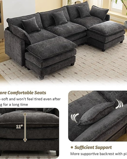 111'' Sectional Cloud Deep Seat Couch, Oversized Chenille U Shaped Sectional Sofa for Living Room Set, Comfy Upholstered Modular 5-Seats Sectional Sofa Couch with 2 Movable Ottoman, Dark Grey