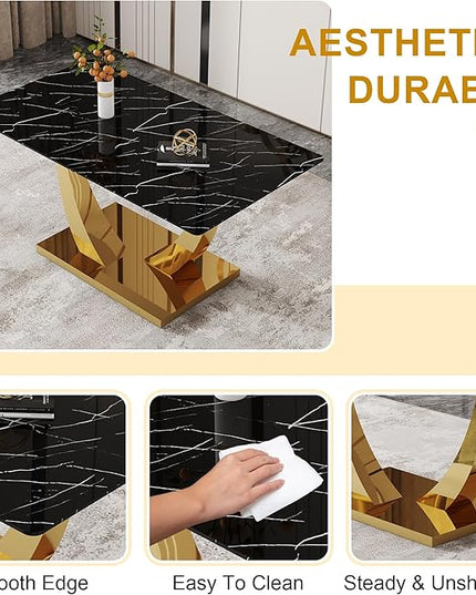 63” Faux Marble Dining Table Set for 6,Black Dining Room Table Set for 6, Rectangle Kitchen Table Set with PU Leather Chairs,Gold Dinner Table Set with Tempered Glass Top and Gold Base