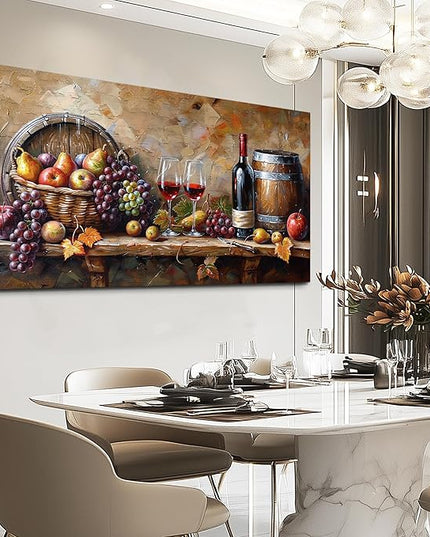 XIGUANGART Wall Art for Kitchen Grape Barrel Painting Red Wine Glass Artwork Prints for Dinning Room Bar Large Canvas Wall Decor for Living Room Office Fruit Still Life Picture Modern Home Decoration