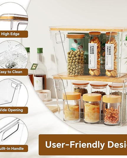 Criusia 2 Set Pantry Organizers and Storage with Bamboo Lids, Stackable Clear Bins for Onion, Potato, Fruit, Vegetables, Trash Bag Dispenser, Kitchen and Under Sink Organizer