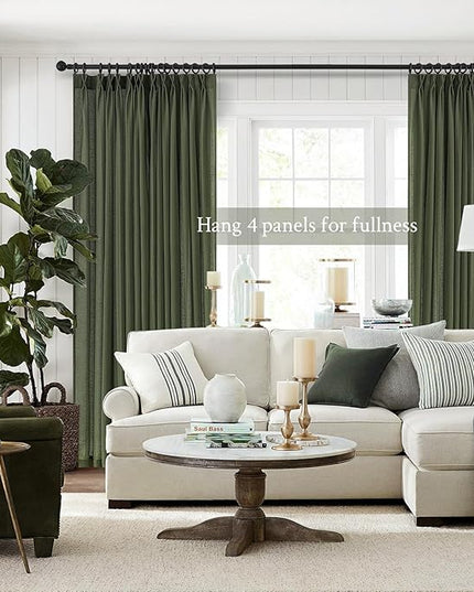 Topfinel Olive Green Pinch Pleated Semi Sheer Curtains Textured Linen Blended Light Filtering Window Curtains 94 inch for Living Room Bedroom Pinch Pleat Drapes with Hooks 2 Panels 40" Wx94 L