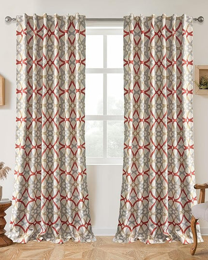DriftAway Alexander 100% Blackout Curtains for Living Room Linen Blend Pattern Match Thermal Insulated Room Darkening Geo Moroccan Mid Century Back Tab Bedroom Drapes 2 Panels 52 x 96 Inch Linen Red