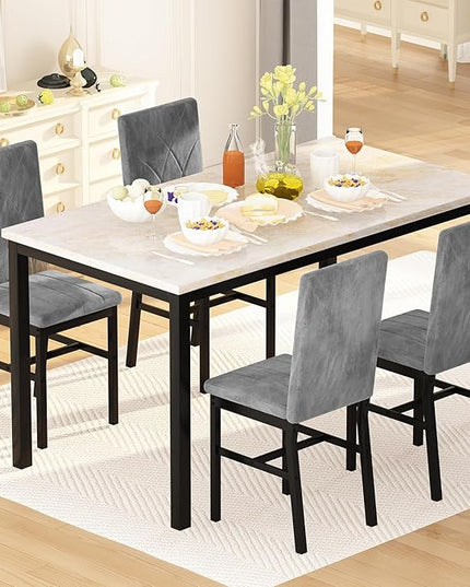 Hooseng Dining Table Set for 4 Faux Marble Kitchen Table and Chairs Set of 4,5 Piece with Velvet Upholstered Dinner Chairs for Compact Dining Room,Small Space,Grey