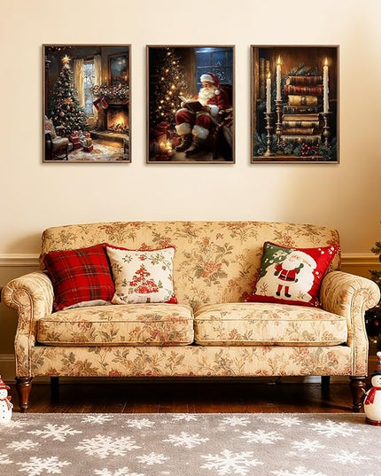 ANHUIB Christmas Canvas Wall Art Vintage Christmas Wall Decor Satan Claus Paintings X Man Artwork 12x16 Inches Set of 3 for Living Room Bedroom