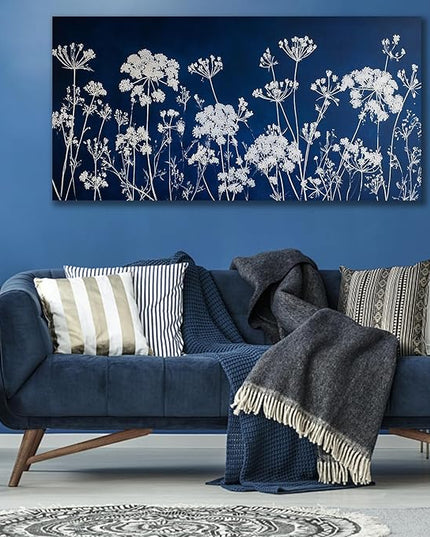 HUADAOART Large Wall Art Navy Blue and White Dandelion Modern Floral Print 24 x 48 inch Canvas Artwork Home Decor Living Room Bedroom Office Decor Ready To Hang