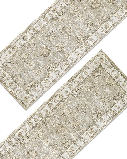 jinchan Fiora Runner Rug 3x10-2pcs Kitchen Washable Vintage Hallway Rug Floral Print Floor Cover Indoor Thin Retro Mat Accent for Bathroom Laundry Room Bedroom Office Farmhouse (Double, Taupe)
