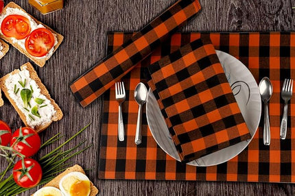 Urban Villa Halloween Placemats for Dining Table 100% Cotton Placemats 14''x20'' Over Sized Tablemats Set of 6 Placemats Orange/Black Color Buffalo Check Tablemats for Dinners Wedding PartiesPlacemats