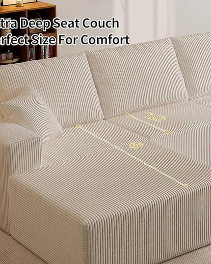 139" Boneless Cloud Sectional Couch for Living Room, Compressed Modular L-Shaped Sofa with Deep Seat, Frameless Corduroy Couch in Boxes, No Assembly Required 4-Seater (Right-Facing Chaise, Beige)