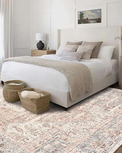 ReaLife Rugs Machine Washable Area Rug - Living Room Bedroom Bathroom Kitchen Entryway Office - Padded Low Pile Stain Resistant Premium - Boho Farmhouse Vintage - Lyle - Gray Ivory Blush 7'6" x 9'6"