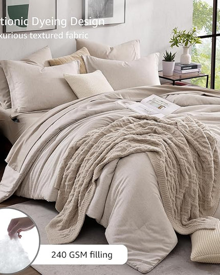 Monbix King Size Comforter Set, Oatmeal Cationic Dyeing Bed Set Reversible, King Size Comforter Set 7 Pieces Bed in a Bag with Comforter, Sheets, Pillowcases & Shams