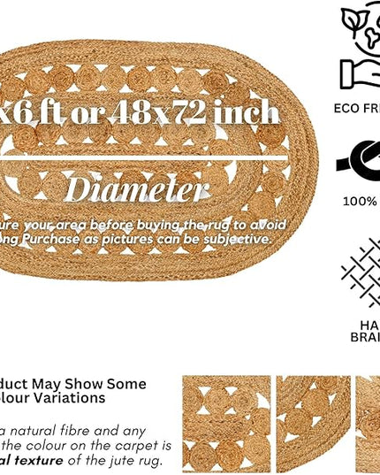 Hand Woven Jute Area Rug - 4' x 6' Feet - Rustic Beige Reversible Oval Rugs for Bedroom, Kitchen, Living Room - Vintage Natural Braided Entry Floor Décor Boho Oval Area Rugs 4x6 Feet