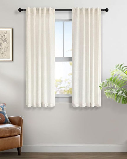 Natural Linen Curtains for Small Windows 38 Inch Wide 2 Panels Set Back Tab Pocket Short Skinny Narrow Mini Curtains for Bedroom Bathroom Basement Farmhouse Decor 38x45 Inch Length Ivory Cream Colored