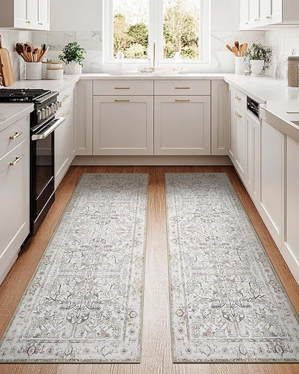 jinchan Lima Kitchen Runner Rug 2x8-2pcs, Bohemian Hallway Washable Rug Floral Non Slip with Rubber Backing Vintage Carpet Runner for Bedroom Bathroom Laundry Room Living Room Beige