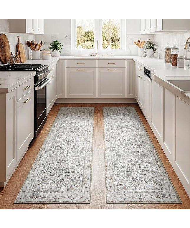 jinchan Lima Kitchen Runner Rug 3x8-2pcs, Bohemian Hallway Washable Rug Floral Non Slip with Rubber Backing Vintage Carpet Runner for Bedroom Bathroom Laundry Room Living Room Taupe