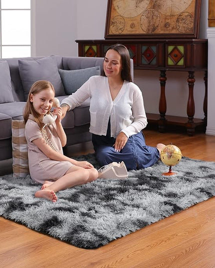 Ophanie Tie-Dyed Black&Grey Area Rugs for Bedroom Living Room, Fluffy Shag Fuzzy Carpet, Plush Shaggy Rug, 4x6 Indoor Carpet for Kids Boys Dorm Home Decor Aesthetic, Nursery