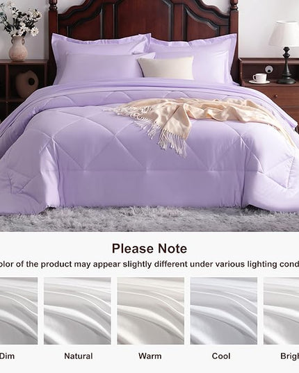 NTBAY Queen Comforter Set with Sheets, 7 Pieces Soft and Breathable Queen Bedding Set, Bed in a Bag, Down Alternative Comforter Set Solid Color All Season, Queen Bedding Set, Light Purple