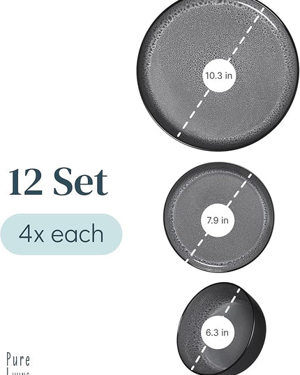 Stoneware dinnerware set 4 persons 12 pcs - Dishwasher, microwave and scratch resistant - Bowl and plate set 4 persons modern - Dinner service Pure Living black in gray…