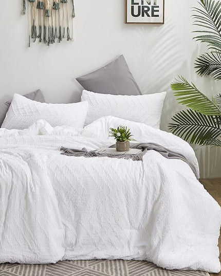 Houseri Boho Twin Tufted Comforter Set - Jacquard Embroidery Bedding - Shabby Chic - All White - Kids Solid Comforters & Quilts