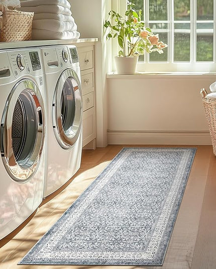 jinchan Hallway Runner Rug 2x10 - Machine Washable Grey Vintage Floral Distressed Design Soft Non-Slip Low-Pile Ultra-Thin Runner Rug for Kitchen Laundry Room Bedroom Farmhouse (2‘x10', Grey)
