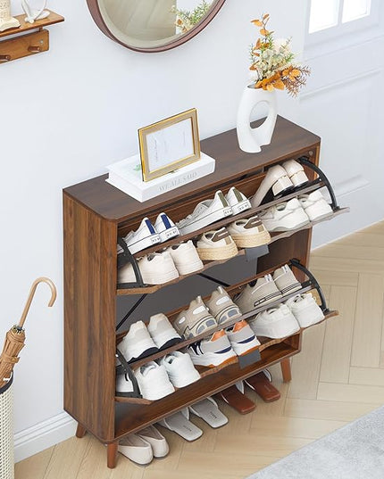 31.5” Fluted Shoe Cabinet Storage with 2 Flip Drawers,Narrow Freestanding Shoe Storage Organizer,Slim Shoe Rack Cabinet for Entryway,Hallway (Walnut)