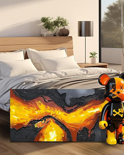 GUGIKA Abstract Wall Art for Living Room, Hand Painted 3D Textured Magma Paintings, Black and Gold Yellow Volcanic Lava Canvas Wall-Decor for Bedroom, Size 40 x 20 Inches