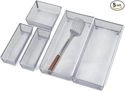 Neudeco Silverware Drawer Organizer,Utensil Organizer for Kitchen Drawer Organizer for Large Utensils with Interlocking Arm, Silverware Storage Cutlery Tray for Knives Fork Spoon (Pack 5, Silver)