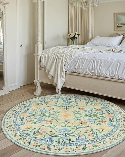 Wonnitar Washable Floral Round Rug, 6ft Sage Green Round Area Rugs for Bedroom Nursery, Boho Non-Slip Indoor Large Circle Carpets for Dining Room Living Room Kids Playroom