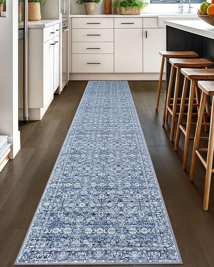 2x10 Runner Washable Rug for Kitchen, Blue Soft Classic Runner with Non-Slip, Non-Shedding Distressed Floral Rug for Hallways Entryway Bedroom Bathroom Laundry Indoor