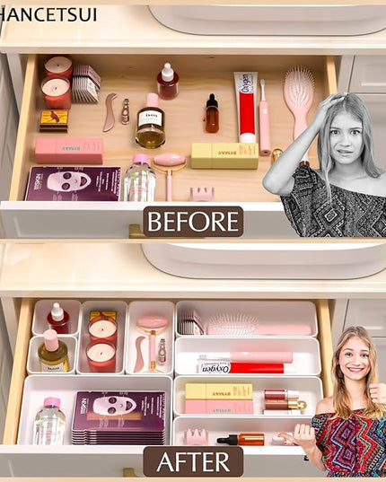 9 Pcs Stackable Drawer Organizer Trays Set, Multifunctional Stackable Storage Trays for Vanity, Bathroom, Kitchen, Desk Drawer Organizer Office. Plastic Drawer Organizers Available In 5 Colours, White