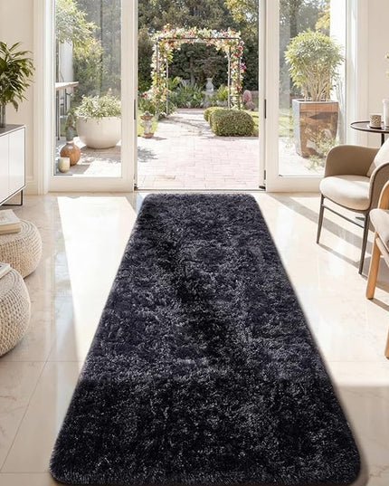 Ophanie 2x8 Runner Rug for Hallway, Upgrade Non-Slip Fluffy Soft Bedside Rugs, Bedroom Living Room Black Shaggy Carpet for Kids Girls Boys Dorm Nursery Home Decor Aesthetic
