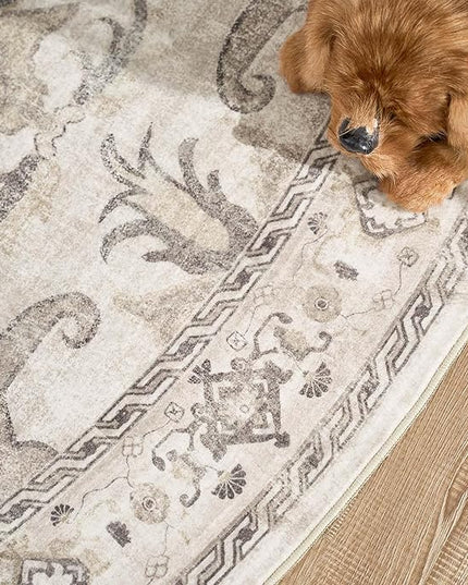 jinchan Round Rug 5ft Area Rug Indoor Vintage Floral Circle 5' Washable Ultra-Thin Low Pile Soft Small Non Slip Distressed Print for Living Room Dining Room Bedroom Entryway Taupe