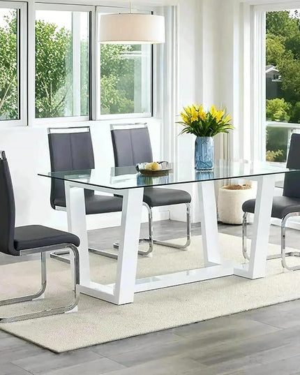 Ebullient Glass Dining Table Set for 4, Modern Dining Table Set for 4, Tempered Glass Tabletop with White MDF Trapezoid Legs, Rectangle Kitchen Table with 4 Faux Leather Chairs for Home Apartment