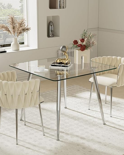 Silver Glass Dining Room Table Set for 2, 36'' Modern Luxury Square Dinner Table Set, 3 Piece Clear Glass Top Minimalist Kitchen Table Set, Ivory Woven Dining Chair for Small Apartment