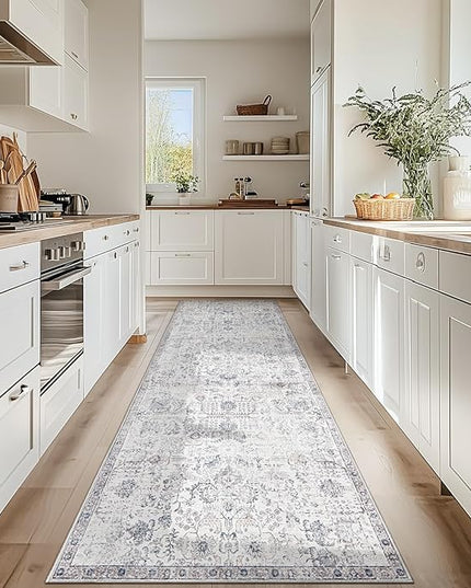 jinchan Kalen Runner Rug 3x10 Washable Hallway Rug Vintage Indoor Thin Retro Floor Cover Distressed Gray Floral Country Lightweight Non Slip Carpet for Entryway Bathroom Bedroom Living Room Grey