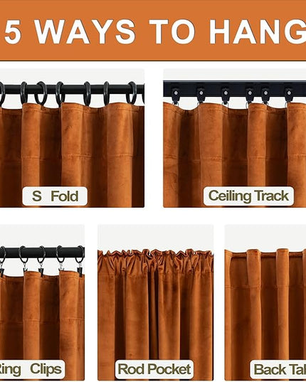 KOUFALL 52x72 Inch Length Burnt Orange Back Tab Velvet Curtains