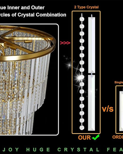 62'' Long Crystal Chandelier for High Ceiling, 37-Light Modern Large Brass Chandeliers for Foyer Entryway Staircase Living Room Dining Room