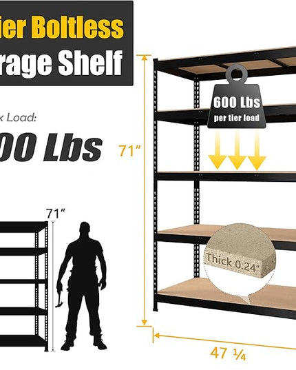 PrimeZone 48" x 24" x 72" Heavy Duty 5 Tier Adjustable Garage Storage Shelving, Metal Utility Rack Shelf Unit for Warehouse Pantry Closet Kitchen, Black, 5 Pack