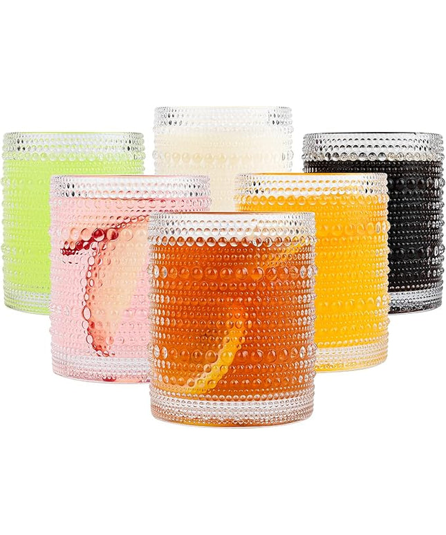 Vintage Glassware Drinking Glasses Set of 6,12 oz Hobnail Glass Cups,Embossed Clear Water Tumbler,for Beer,Cocktail,Whiskey,Juice and Various Mixed Drinks- 1 Cleaning Brush