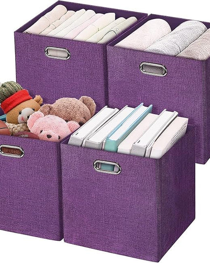 Posprica Storage Boxes, Foldable Organiser Cube Basket Bin, Thick and Heavy Duty (28×28×28cm/4pcs, Purple)